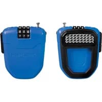 Blue Hiplok FX wearable retractable combination lock with black trim and three-digit code dial.