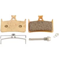Hope MONO M4/E4 sintered disc brake pads with metal backing, retaining pin, and spring clip.