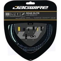 Jagwire Road Elite Link Brake Cable Kit with black segmented housing and gold accents in a triangular package.