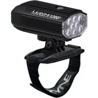 Black Lezyne Helmet Lite Drive 1200+ light with ribbed casing, multiple LEDs, and adjustable strap mount.