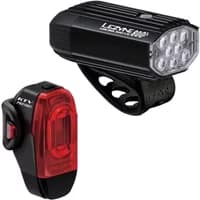 Black Lezyne bike light set with front LED light and rear red light, compact design, and mounting straps.