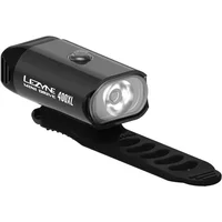 Black Lezyne Mini Drive 400 XL front bike light with high gloss finish and adjustable mounting strap.