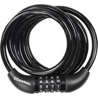 Black Master Lock cable combination lock, 8mm thick, 1.8m long, with four-digit resettable dial and coiled cable design.