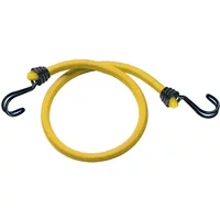 Yellow Masterlock twinwire bungee cables with black metal hooks, coiled and ready for securing items.
