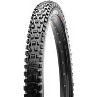 Black Maxxis Assegai folding tyre with knobby tread pattern, 3C EXO TR technology, designed for mountain biking.