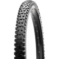 Black Maxxis Assegai folding DH 29er tyre with aggressive tread pattern and reinforced sidewalls for mountain biking.