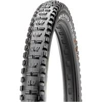 Black Maxxis Minion DHR II MTB tyre with aggressive tread pattern, folding design, and white sidewall lettering.