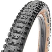 Black Maxxis Minion DHR II MTB tyre with knobby tread, tan sidewalls, and EXO Tubeless Ready WideTrail design.