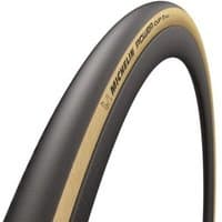 Black Michelin Power Cup 700c road bike tyre with tan sidewall and sleek tread design.