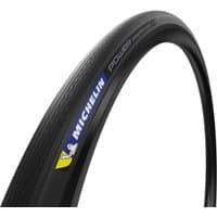 Black Michelin Power Protection 700c road bike tyre with yellow and blue logo, sleek tread design, tubeless ready.