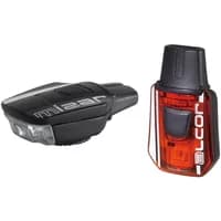 Black Moon Misar/Alcor bike light set with sleek design, featuring front and rear lights with clear and red lenses.