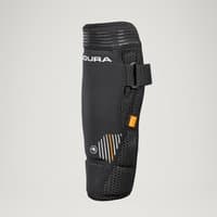 Black Endura MT500 D3O® shin guard with adjustable strap, mesh panels, and orange logo detail.