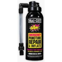 Black Muc-Off B.A.M! canister with attached hose, labeled for emergency puncture repair and inflation.