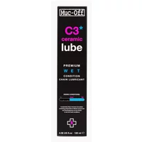 Muc-Off C3 Wet Ceramic Lube 120ml, black bottle with pink and blue accents, labeled for premium chain lubrication.