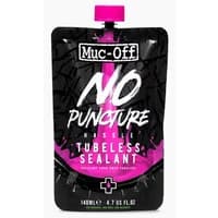 Muc-Off No Puncture Hassle Tubeless Sealant 140ml in black pouch with pink accents and bold white text.