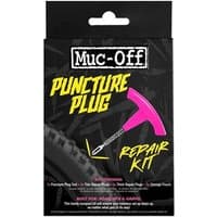 Black Muc-Off Puncture Plug Repair Kit box with pink plug tool and yellow text.