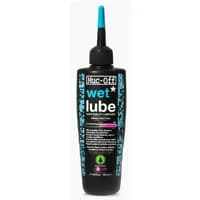 Black Muc-Off Wet Lube 120ml bottle with pink and blue label, pointed applicator tip, and eco-friendly icon.