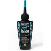 Black Muc-Off Wet Lube 50ml bottle with blue cap and turquoise accents, designed for bike chain lubrication.