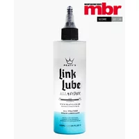 Peaty's LinkLube All Weather Chain Lube, clear bottle with black cap and blue gradient base, crown logo.