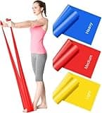 Resistance bands set of 3, multi-color: red, blue, yellow, each labeled with resistance level, 1.5M length.