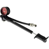 Black RockShox high pressure fork/shock pump with red gauge, flexible hose, and silver connector.