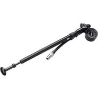 Black RockShox high-pressure fork/shock pump with gauge, flexible hose, and ergonomic handle, 600psi max capacity.