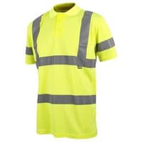 Yellow hi-vis polo shirt with gray reflective stripes, short sleeves, and buttoned collar, size XXL (50in).