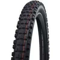 Black Schwalbe E-MTB rear tire with chunky tread and red stripe, 27.5-inch folding design for off-road cycling.
