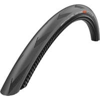 Black Schwalbe Pro One 700c road tyre with slick tread, folding design, and orange Addix logo.