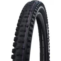 Black Schwalbe Tacky Chan Evo 29 x 2.40 tyre with aggressive tread pattern and purple stripe.
