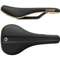 Black SDG Bel Air 3.0 bike saddle with microfibre top, tan base, and alloy rails.