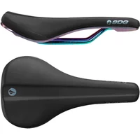 Black bike saddle with oil slick alloy rails, sleek design, and SDG logo on top.