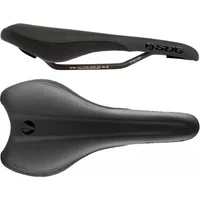 Black SDG Radar Ti-Alloy bike saddle with sleek design, textured surface, and logo on side.