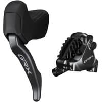 Black Shimano GRX hydraulic disc brake lever with textured grip and matching BR-RX820 caliper featuring GRX logo.