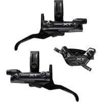 Shimano XT 4 Pot Bled Brake Levers and Callipers, black with silver XT logo, sleek design, hydraulic system.