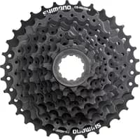 Black Shimano CS-HG201 9-speed cassette with 11-32T gear range, featuring multiple stacked sprockets.