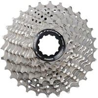 Silver Shimano CS-R8000 Ultegra 11-speed cassette with black center and multiple gear rings.