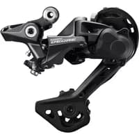 Black Shimano M5120 Deore rear derailleur, 10/11-speed, Shadow+ SGS long cage, sleek design with visible mounting holes.