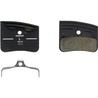 Black Shimano P03A-RF disc pads with textured surface and metal spring clip.