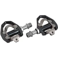 Grey Shimano PD-ES600 SPD pedals with sleek black clipless design and silver spindle.