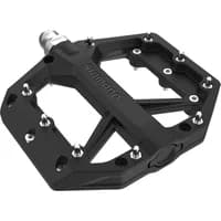 Black Shimano PD-GR400 flat pedals with metal pins and durable platform design.