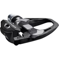 Black Shimano PD-R9100 Dura-Ace carbon road pedal with sleek aerodynamic design and silver accents.