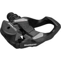 Black Shimano PD-RS500 SPD-SL pedal pair with silver accents and streamlined design.
