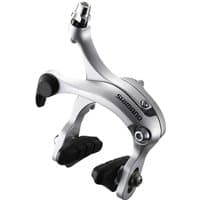 Silver Shimano R451 rear brake calipers with dual-pivot design and black rubber pads.