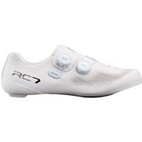 White Shimano RC7 Wide Fit cycling shoes with dual BOA dials and mesh ventilation panels.