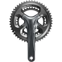 Shimano Tiagra chainset, 2x10-speed, 50/34 teeth, 170mm crank arms, sleek silver and black design.