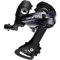 Shimano Sora R3000 9-speed rear derailleur, black and silver with sleek design and tension adjustment screw.