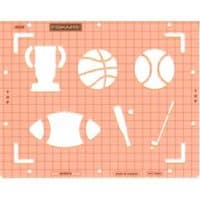 Orange Fiskars stencil with sports shapes: trophy, basketball, baseball, football, bat, and ball on grid background.
