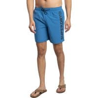 Blue Superdry Sport Graphic 17 Swim Shorts with drawstring waist and bold black logo on left leg.