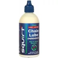 Squirt Chain Lube 120ml bottle with blue cap, white label, and green text detailing wax and water resistance.